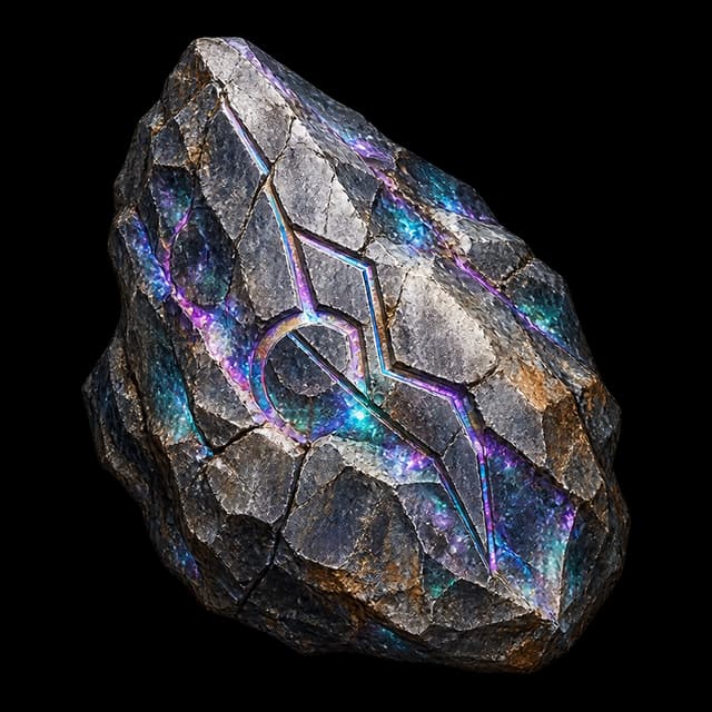 A large, irregular, intact grey stone with prismatic violet, blue and teal seams and a circular, angled rune engraved into its face