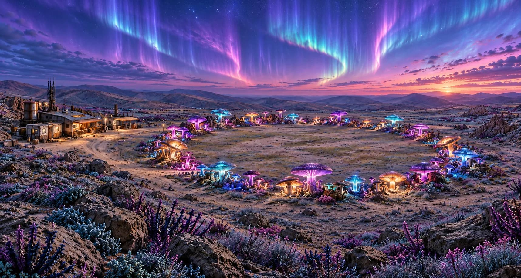 Stillreach Landing Station at twilight: a wide ring of glowing violet, blue and amber mushrooms around an open clearing, weathered station buildings to the left, rolling highlands and prismatic aurora across the sky