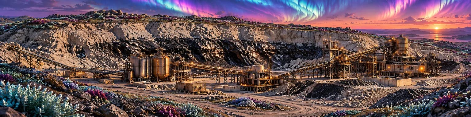 A pale quarry wall split by a dark glossy seam, with conveyors, cylindrical tanks and lamp-lit steel processing frames on the floor in front of it, aurora and a low sun overhead